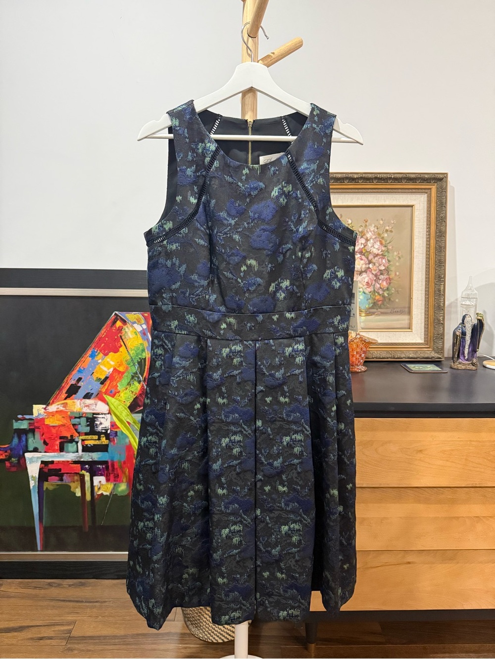 Eliza J Black Floral Midi Dress with Blue and Green Accents